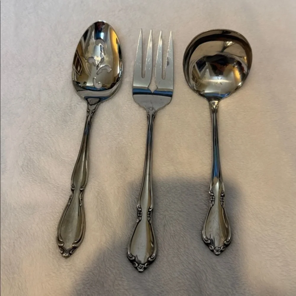 Oneidacraft Deluxe Stainless Serving Spoon, soup spoon and Fork Glossy Silver